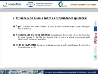 a) O pH (o húmus tem poder tampão, i.e., evita grandes variações de pH, o que é vantajoso
para as culturas)
 Influência do húmus sobre as propriedades químicas:
b) A capacidade de troca catiónica (a capacidade de retenção e troca de elementos
de carga positiva [K, Ca, Mg, Na, Amónio] entre o solo e a planta é aumentada pelo
húmus, em 5 x mais que as argilas)
c) Teor de nutrientes (a matéria orgânica acumula grandes quantidades de nutrientes,
principalmente N e P)
 