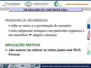 MICROFLORA DE DECOMPOSIÇÃO
 inibe as raízes e a germinação de sementes
 solo subjacente enriquece em partículas orgânicas e
em micróbios  adquire estrutura
IMPLICAÇÕES PRÁTICAS
► não semear ou colocar as raízes junto com M.O.
Frescas
TRABALHO DA MICROFLORA
 