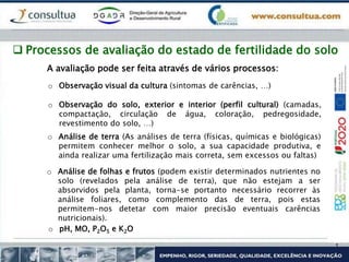  Processos de avaliação do estado de fertilidade do solo
A avaliação pode ser feita através de vários processos:
o Observação visual da cultura (sintomas de carências, …)
o Observação do solo, exterior e interior (perfil cultural) (camadas,
compactação, circulação de água, coloração, pedregosidade,
revestimento do solo, …)
o Análise de terra (As análises de terra (físicas, químicas e biológicas)
permitem conhecer melhor o solo, a sua capacidade produtiva, e
ainda realizar uma fertilização mais correta, sem excessos ou faltas)
o Análise de folhas e frutos (podem existir determinados nutrientes no
solo (revelados pela análise de terra), que não estejam a ser
absorvidos pela planta, torna-se portanto necessário recorrer às
análise foliares, como complemento das de terra, pois estas
permitem-nos detetar com maior precisão eventuais carências
nutricionais).
o pH, MO, P2O5 e K2O
 