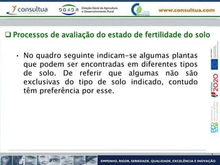  Processos de avaliação do estado de fertilidade do solo
• No quadro seguinte indicam-se algumas plantas
que podem ser encontradas em diferentes tipos
de solo. De referir que algumas não são
exclusivas do tipo de solo indicado, contudo
têm preferência por esse.
 