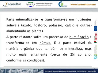 Parte mineraliza-se e transforma-se em nutrientes
solúveis (azoto, fósforo, potássio, cálcio e outros)
alimentando as plantas.
A parte restante sofre um processo de humificação e
transforma-se em húmus. É a parte estável da
matéria orgânica que também se mineraliza, mas
muito mais lentamente (cerca de 2% ao ano,
conforme as condições).
 
