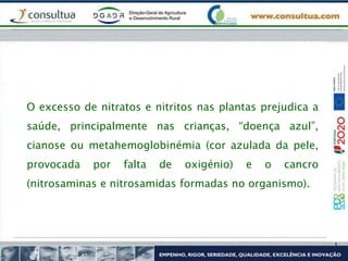 O excesso de nitratos e nitritos nas plantas prejudica a
saúde, principalmente nas crianças, “doença azul”,
cianose ou metahemoglobinémia (cor azulada da pele,
provocada por falta de oxigénio) e o cancro
(nitrosaminas e nitrosamidas formadas no organismo).
 