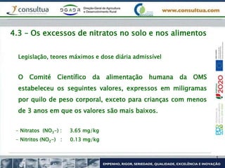 O Comité Científico da alimentação humana da OMS
estabeleceu os seguintes valores, expressos em miligramas
por quilo de peso corporal, exceto para crianças com menos
de 3 anos em que os valores são mais baixos.
Legislação, teores máximos e dose diária admissível
- Nitratos (NO3-) : 3.65 mg/kg
- Nitritos (NO2-) : 0.13 mg/kg
4.3 – Os excessos de nitratos no solo e nos alimentos
 