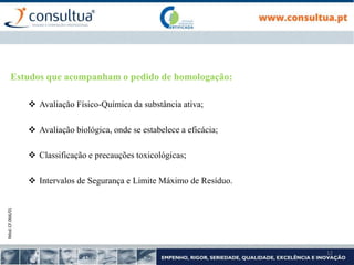 Mod.CF.066/01
12
Estudos que acompanham o pedido de homologação:
 Avaliação Físico-Química da substância ativa;
 Avaliação biológica, onde se estabelece a eficácia;
 Classificação e precauções toxicológicas;
 Intervalos de Segurança e Limite Máximo de Resíduo.
 