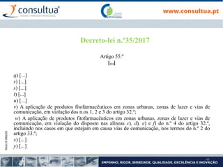 Mod.CF.066/01
44
Decreto-lei n.º35/2017
Artigo 55.º
[...]
q) [...]
r) [...]
s) [...]
t) [...]
u) [...]
v) A aplicação de produtos fitofarmacêuticos em zonas urbanas, zonas de lazer e vias de
comunicação, em violação dos n.os 1, 2 e 3 do artigo 32.º;
w) A aplicação de produtos fitofarmacêuticos em zonas urbanas, zonas de lazer e vias de
comunicação, em violação do disposto nas alíneas c), d), e) e f) do n.º 4 do artigo 32.º,
incluindo nos casos em que estejam em causa vias de comunicação, nos termos do n.º 2 do
artigo 33.º;
x) [...]
y) [...]
 