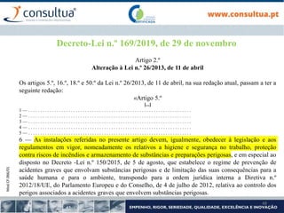 Mod.CF.066/01
48
Decreto-Lei n.º 169/2019, de 29 de novembro
Artigo 2.º
Alteração à Lei n.º 26/2013, de 11 de abril
Os artigos 5.º, 16.º, 18.º e 50.º da Lei n.º 26/2013, de 11 de abril, na sua redação atual, passam a ter a
seguinte redação:
«Artigo 5.º
[...]
1 — . . . . . . . . . . . . . . . . . . . . . . . . . . . . . . . . . . . . . . . . . . . . . . . . . . . . . . . . . . . . . . . . . . . . .
2 — . . . . . . . . . . . . . . . . . . . . . . . . . . . . . . . . . . . . . . . . . . . . . . . . . . . . . . . . . . . . . . . . . . . . .
3 — . . . . . . . . . . . . . . . . . . . . . . . . . . . . . . . . . . . . . . . . . . . . . . . . . . . . . . . . . . . . . . . . . . . . .
4 — . . . . . . . . . . . . . . . . . . . . . . . . . . . . . . . . . . . . . . . . . . . . . . . . . . . . . . . . . . . . . . . . . . . . .
5 — . . . . . . . . . . . . . . . . . . . . . . . . . . . . . . . . . . . . . . . . . . . . . . . . . . . . . . . . . . . . . . . . . . . . .
6 — As instalações referidas no presente artigo devem, igualmente, obedecer à legislação e aos
regulamentos em vigor, nomeadamente os relativos a higiene e segurança no trabalho, proteção
contra riscos de incêndios e armazenamento de substâncias e preparações perigosas, e em especial ao
disposto no Decreto -Lei n.º 150/2015, de 5 de agosto, que estabelece o regime de prevenção de
acidentes graves que envolvam substâncias perigosas e de limitação das suas consequências para a
saúde humana e para o ambiente, transpondo para a ordem jurídica interna a Diretiva n.º
2012/18/UE, do Parlamento Europeu e do Conselho, de 4 de julho de 2012, relativa ao controlo dos
perigos associados a acidentes graves que envolvem substâncias perigosas.
 