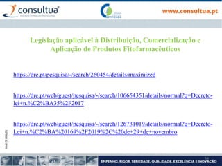 Mod.CF.066/01
54
https://dre.pt/pesquisa/-/search/260454/details/maximized
https://dre.pt/web/guest/pesquisa/-/search/106654351/details/normal?q=Decreto-
lei+n.%C2%BA35%2F2017
https://dre.pt/web/guest/pesquisa/-/search/126731019/details/normal?q=Decreto-
Lei+n.%C2%BA%20169%2F2019%2C%20de+29+de+novembro
Legislação aplicável à Distribuição, Comercialização e
Aplicação de Produtos Fitofarmacêuticos
 
