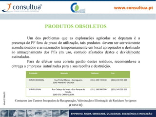 Mod.CF.066/01
PRODUTOS OBSOLETOS
Um dos problemas que as explorações agrícolas se deparam é a
presença de PF fora de prazo de utilização, tais produtos devem ser corretamente
acondicionados e armazenados temporariamente em local apropriados e destinado
ao armazenamento dos PFs em uso, contudo afastados destes e devidamente
assinalados.
Para de efetuar uma correta gestão destes resíduos, recomenda-se a
entrega a empresas autorizadas para a sua recolha e destruição.
Contactos dos Centros Integrados de Recuperação, Valorização e Eliminação de Resíduos Perigosos
(CIRVER)
Entidade Morada Telefone Fax
CIRVER ECODEAL Rua Pinhal Manso – Carregueira
2140 PINHEIRO GRANDE
(351) 249 749 030 (351) 249 749 039
CIRVER SISAV Rua Cabeço do Seixo – Eco Parque do
Relvão
2140-671 CARREGUEIRA
(351) 249 000 500 (351) 249 000 509
 