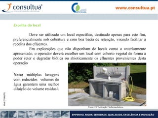 Mod.CF.066/01
Escolha do local
Deve ser utilizado um local especifico, destinado apenas para este fim,
preferencialmente sob cobertura e com boa bacia de retenção, visando facilitar a
recolha dos efluentes.
Em explorações que não disponham de locais como o anteriormente
apresentado, o operador deverá escolher um local com coberto vegetal de forma a
poder reter e degradar biótica ou abioticamente os efluentes provenientes desta
operação
Nota: múltiplas lavagens
com reduzidos volumes de
água garantem uma melhor
diluição do volume residual.
Fonte: CC Aplicação Fitofarmacêuticos
 