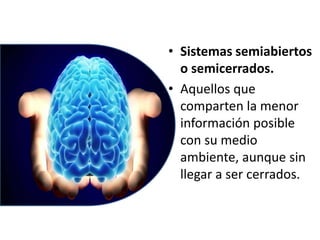 • Sistemas semiabiertos
o semicerrados.
• Aquellos que
comparten la menor
información posible
con su medio
ambiente, aunque sin
llegar a ser cerrados.
 