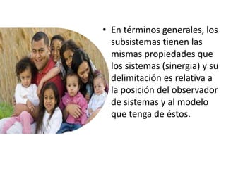 • En términos generales, los
subsistemas tienen las
mismas propiedades que
los sistemas (sinergia) y su
delimitación es relativa a
la posición del observador
de sistemas y al modelo
que tenga de éstos.
 