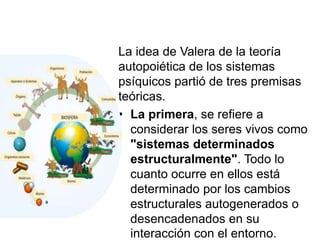La idea de Valera de la teoría
autopoiética de los sistemas
psíquicos partió de tres premisas
teóricas.
• La primera, se refiere a
considerar los seres vivos como
"sistemas determinados
estructuralmente". Todo lo
cuanto ocurre en ellos está
determinado por los cambios
estructurales autogenerados o
desencadenados en su
interacción con el entorno.
 