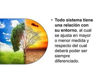 • Todo sistema tiene
una relación con
su entorno, al cual
se ajusta en mayor
o menor medida y
respecto del cual
deberá poder ser
siempre
diferenciado.
 