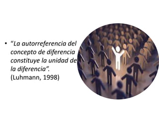• “La autorreferencia del
concepto de diferencia
constituye la unidad de
la diferencia”.
(Luhmann, 1998)
 