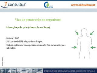 Mod.CF.066/01
Vias de penetração no organismo
Absorção pela pele (absorção cutânea)
Como evitar?
Utilização de EPI adequados e limpo;
Efetuar os tratamentos apenas com condições meteorológicas
indicadas.
 