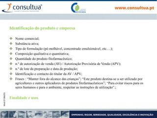 Mod.CF.066/01
Identificação do produto e empresa
 Nome comercial;
 Substância ativa;
 Tipo de formulação (pó molhável, concentrado emulsionável, etc.…);
 Composição qualitativa e quantitativa;
 Quantidade do produto fitofarmacêutico;
 n.º de autorização de venda (AV) / Autorização Provisória de Venda (APV);
 n.º de lote da preparação e data de produção;
 Identificação e contacto do titular da AV / APV;
 Frases : “Manter fora do alcance das crianças”; “Este produto destina-se a ser utilizado por
agricultores e outros aplicadores de produtos fitofarmacêuticos”; “Para evitar riscos para os
seres humanos e para o ambiente, respeitar as instruções de utilização”.;
Finalidade e usos
 