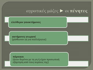 ελεύθεροι γαιοκτήμονες
ακτήμονες γεωργοί
(μίσθωναν γη για καλλιέργεια)
πάροικοι
(ήταν δεμένοι με τη γη ή είχαν προσωπική
εξάρτηση από τους κυρίους της)
 