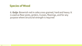 Species of Wood
6. Guijo: Brownish red in color,cross grained, hard and heavy. It
is used as floor joists, girders, trusses, floorings, and for any
purpose where structural strength is required
11
 