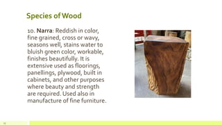 Species of Wood
10. Narra: Reddish in color,
fine grained, cross or wavy,
seasons well, stains water to
bluish green color, workable,
finishes beautifully. It is
extensive used as floorings,
panellings, plywood, built in
cabinets, and other purposes
where beauty and strength
are required. Used also in
manufacture of fine furniture.
15
 
