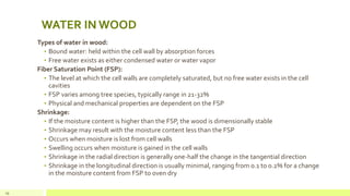 WATER IN WOOD
Types of water in wood:
• Bound water: held within the cell wall by absorption forces
• Free water exists as either condensed water or water vapor
Fiber Saturation Point (FSP):
• The level at which the cell walls are completely saturated, but no free water exists in the cell
cavities
• FSP varies among tree species, typically range in 21-32%
• Physical and mechanical properties are dependent on the FSP
Shrinkage:
• If the moisture content is higher than the FSP, the wood is dimensionally stable
• Shrinkage may result with the moisture content less than the FSP
• Occurs when moisture is lost from cell walls
• Swelling occurs when moisture is gained in the cell walls
• Shrinkage in the radial direction is generally one-half the change in the tangential direction
• Shrinkage in the longitudinal direction is usually minimal, ranging from 0.1 to 0.2% for a change
in the moisture content from FSP to oven dry
19
 