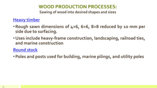 WOOD PRODUCTION PROCESSES:
Sawing of wood into desired shapes and sizes
Heavy timber
•Rough sawn dimensions of 46, 66, 88 reduced by 10 mm per
side due to surfacing.
•Uses include heavy-frame construction, landscaping, railroad ties,
and marine construction
Round stock
•Poles and posts used for building, marine pilings, and utility poles
23
 