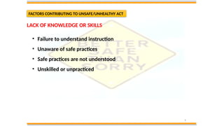 9
FACTORS CONTRIBUTING TO UNSAFE/UNHEALTHY ACT
• Failure to understand instruction
• Unaware of safe practices
• Safe practices are not understood
• Unskilled or unpracticed
LACK OF KNOWLEDGE OR SKILLS
 