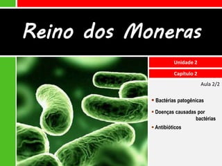 Reino dos Moneras
                      Unidade 2

                      Capítulo 2
                                   Aula 2/2

             Bactérias patogênicas
             Doenças causadas por
                              bactérias
             Antibióticos
 
