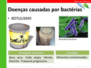 Reino dos Moneras




Doenças causadas por bactérias
• BOTULISMO




                                                    Clostridium botulinum




               Principais sintomas                           Contágio
 Boca seca. Visão dupla. Vômito.                   Alimentos contaminados.
 Diarréia. Fraqueza progressiva.
Ciências – 7º ano Ens. Fundamental   1º Bimestre                        Profa. Rebeca Vale
 