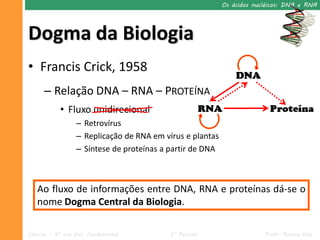 Os ácidos nucléicos: DNA e RNA




Dogma da Biologia
• Francis Crick, 1958
      – Relação DNA – RNA – PROTEÍNA
            • Fluxo unidirecional
                  – Retrovírus
                  – Replicação de RNA em vírus e plantas
                  – Síntese de proteínas a partir de DNA



   Ao fluxo de informações entre DNA, RNA e proteínas dá-se o
   nome Dogma Central da Biologia.

Ciências – 9º ano Ens. Fundamental         2º Período                   Profa. Rebeca Vale
 