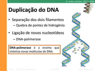 Os ácidos nucléicos: DNA e RNA




Duplicação do DNA
• Separação dos dois filamentos
      – Quebra de pontes de hidrogênio

• Ligação de novos nucleotídeos
      – DNA-polimerase

 DNA-polimerase é a enzima que
 sintetiza novas moléculas de DNA.




Ciências – 9º ano Ens. Fundamental   2º Período                Profa. Rebeca Vale
 