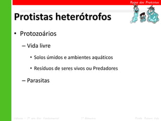Reino dos Protistas




Protistas heterótrofos
• Protozoários
      – Vida livre
            • Solos úmidos e ambientes aquáticos

            • Resíduos de seres vivos ou Predadores

      – Parasitas




Ciências – 7º ano Ens. Fundamental   1º Bimestre         Profa. Rebeca Vale
 