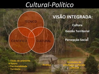 Cultural-Político VISÃO INTEGRADA:  Cultura Gestão Territorial Percepção Socia l  Análise Visão de presente e futuro Territorialidade Território Unidades de paisagens culturais-políticas 