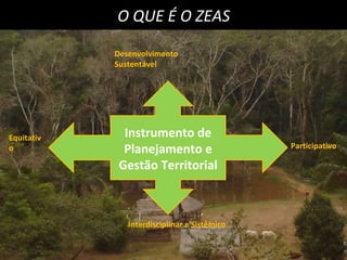 O QUE É O ZEAS Instrumento de Planejamento e Gestão Territorial Desenvolvimento Sustentável Equitativo Participativo Interdisciplinar e Sistêmico 