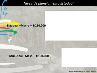 Níveis de planejamento Estadual Estadual –Macro – 1:250.000 Municipal –Meso – 1:100.000 Fonte: Apresentação de  Eufran Amaral 