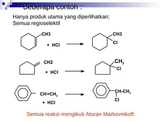 Beberapa contoh : Hanya produk utama yang diperlihatkan;  Semua regioselektif Semua reaksi mengikuti Aturan Markovnikoff. CH3 +  HCl CH3 Cl CH2 +  HCl CH 3 Cl CH-CH 3 Cl CH =CH 2 +  HCl 
