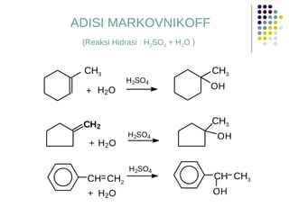 ADISI MARKOVNIKOFF (Reaksi Hidrasi : H 2 SO 4  + H 2 O ) O H O H C H 2 O H H 2 O H 2 O H 2 O + + + H 2 S O 4 H 2 S O 4 H 2 S O 4 CH 3 CH 3 CH 3 CH 3 CH CH CH 2 