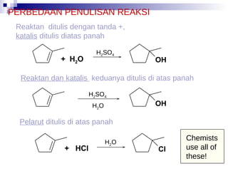 +  H 2 O H 2 SO 4 H 2 SO 4 H 2 O PERBEDAAN PENULISAN REAKSI Reaktan  ditulis dengan tanda +, katalis  ditulis diatas panah Reaktan dan katalis  keduanya ditulis di atas panah Pelarut  ditulis di atas panah +  HCl H 2 O Chemists use all of these! 
