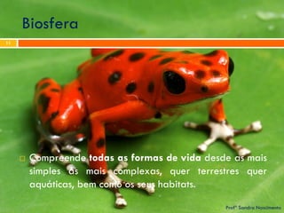 Biosfera 
Profª Sandra Nascimento 
11 
Compreende todas as formas de vida desde as mais simples às mais complexas, quer terrestres quer aquáticas, bem como os seus habitats.  