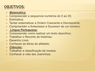 OBJETIVOS:
 Matemática:
 Compreender a sequencia numérica do 0 ao 20;
 Estimativa;
 Tentar sistematizar a Ordem Crescente e Decrescente;
 Compreender o Antecessor e Sucessor de um número;
 Língua Portuguesa:
 Compreender como realizar um texto descritivo;
 Trabalhar o Reconto de histórias;
 Desenho Livre;
 Conhecer as letras do alfabeto;
 Ciências:
 Trabalhar a classificação de insetos;
 Conhecer a vida das Joaninhas;
 