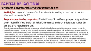 CAPITAL RELACIONAL
Fortalecer o capital relacional dos atores de CTI
Definição: conjunto de relações formais e informais que ocorrem entre os
atores do sistema de CTI.
Enquadramento das propostas: Nesta dimensão estão as propostas que visam
criar, intensificar e ampliar os relacionamentos entre os diferentes atores em
um sistema regional de CTI.
Entre as propostas estão sugestões de programas e ações de intercâmbio, acordos de cooperação e outras formas de
promoção de parceria e interação entre academia, empresas, sociedade e governo. Há, também, uma série de sugestões
que visam a atuação inter-atores de CTI, incluindo o compartilhamento de infraestrutura, a transferência de tecnologia, a
criação de políticas e editais públicos indutores de relacionamento e práticas de atividade inter-institucional (ex. parcerias
público-privada, programas universidade-empresa, inserção de doutores e mestres em empresas, associativismo e
cooperativismo). Um grupo específico de sugestões volta-se ao papel e às formas de atuação dos agentes de inovação,
nas suas variadas naturezas (parques, polos, incubadoras, núcleos de inovação e câmaras regionais). Entre as propostas
específicas a um ator do sistema, destacam-se aquelas dedicadas ao papel da extensão universitária na promoção do
desenvolvimento regional.
 