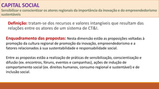 CAPITAL SOCIAL
Sensibilizar e conscientizar os atores regionais da importância da inovação e do empreendedorismo
sustentáveis
Definição: tratam-se dos recursos e valores intangíveis que resultam das
relações entre os atores de um sistema de CT&I.
Enquadramento das propostas: Nesta dimensão estão as proposições voltadas à
promoção da cultura regional de promoção da inovação, empreendedorismo e a
fatores relacionados à sua sustentabilidade e responsabilidade social.
Entre as propostas estão a realização de práticas de sensibilização, conscientização e
difusão (ex. encontros, fóruns, eventos e campanhas), ações de indução de
comportamento social (ex. direitos humanos, consumo regional e sustentável) e de
inclusão social.
 