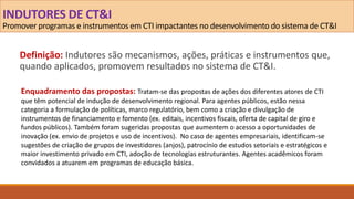INDUTORES DE CT&I
Promover programas e instrumentos em CTI impactantes no desenvolvimento do sistema de CT&I
Definição: Indutores são mecanismos, ações, práticas e instrumentos que,
quando aplicados, promovem resultados no sistema de CT&I.
Enquadramento das propostas: Tratam-se das propostas de ações dos diferentes atores de CTI
que têm potencial de indução de desenvolvimento regional. Para agentes públicos, estão nessa
categoria a formulação de políticas, marco regulatório, bem como a criação e divulgação de
instrumentos de financiamento e fomento (ex. editais, incentivos fiscais, oferta de capital de giro e
fundos públicos). Também foram sugeridas propostas que aumentem o acesso a oportunidades de
inovação (ex. envio de projetos e uso de incentivos). No caso de agentes empresariais, identificam-se
sugestões de criação de grupos de investidores (anjos), patrocínio de estudos setoriais e estratégicos e
maior investimento privado em CTI, adoção de tecnologias estruturantes. Agentes acadêmicos foram
convidados a atuarem em programas de educação básica.
 