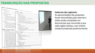 TRANSCRIÇÃO DAS PROPOSTAS
Cadernos das regionais:
As apresentações das propostas
foram transmitidas pela internet e
estão sendo compiladas em
documentos que resumirão o que
cada região realizou, com síntese
estadual produzida posteriormente.
 