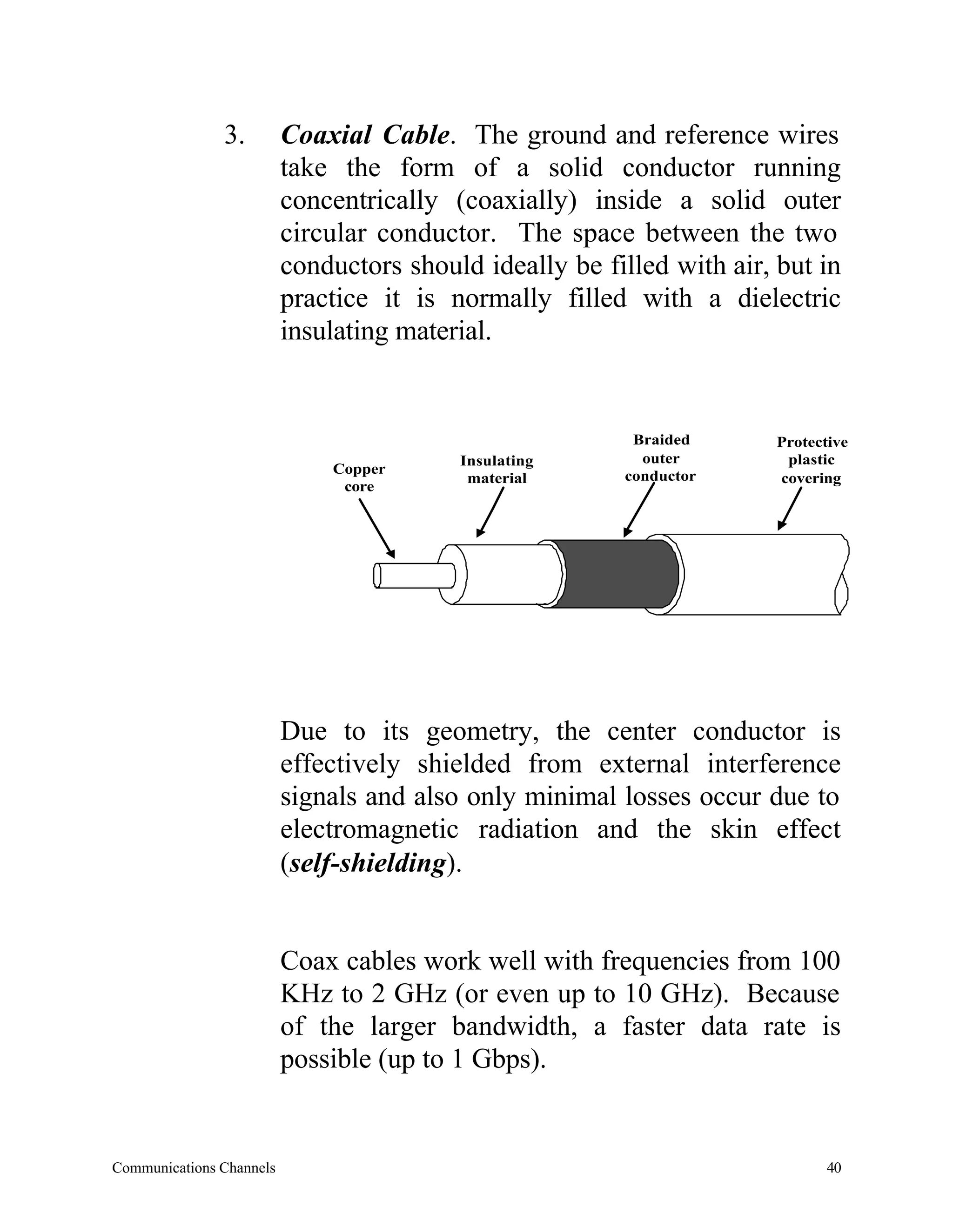 3.         Coaxial Cable. The ground and reference wires
                          take the form of a solid conductor running
                          concentrically (coaxially) inside a solid outer
                          circular conductor. The space between the two
                          conductors should ideally be filled with air, but in
                          practice it is normally filled with a dielectric
                          insulating material.


                                                          Braided       Protective
                                          Insulating       outer         plastic
                              Copper                     conductor
                                           material                     covering
                               core




                          Due to its geometry, the center conductor is
                          effectively shielded from external interference
                          signals and also only minimal losses occur due to
                          electromagnetic radiation and the skin effect
                          (self-shielding).


                          Coax cables work well with frequencies from 100
                          KHz to 2 GHz (or even up to 10 GHz). Because
                          of the larger bandwidth, a faster data rate is
                          possible (up to 1 Gbps).


Communications Channels                                                        40
 