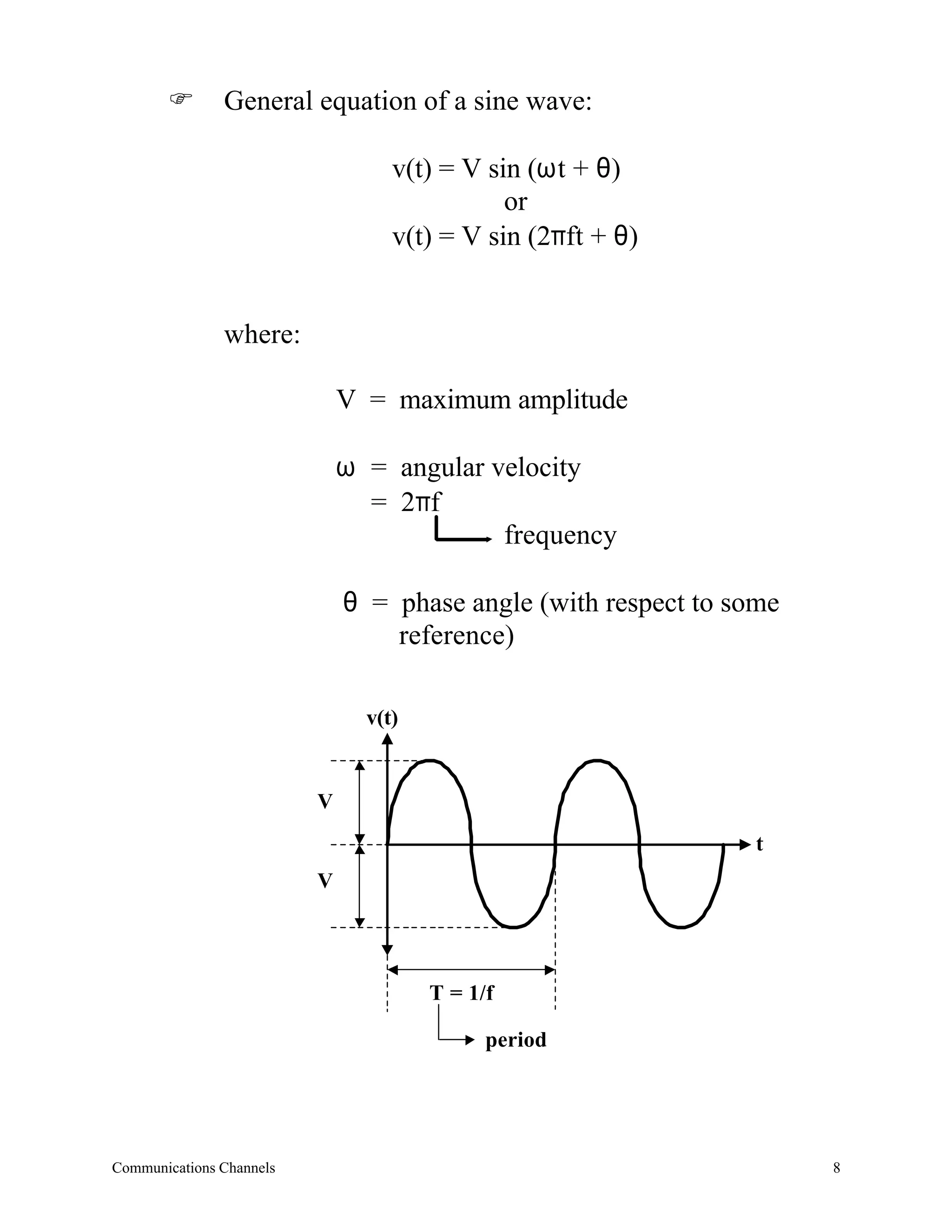 F       General equation of a sine wave:

                                   v(t) = V sin (ωt + θ)
                                              or
                                   v(t) = V sin (2πft + θ)


               where:

                              V = maximum amplitude

                              ω = angular velocity
                                = 2πf
                                           frequency

                              θ = phase angle (with respect to some
                                  reference)

                                v(t)


                          V
                                                                 t
                          V




                                       T = 1/f

                                             period




Communications Channels                                               8
 