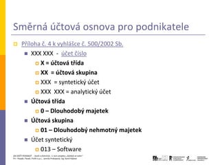 Směrná účtová osnova pro podnikatele
       Příloha č. 4 k vyhlášce č. 500/2002 Sb.
          XXX XXX - účet číslo
              X = účtová třída

              XX = účtová skupina

              XXX = syntetický účet

              XXX XXX = analytický účet

          Účtová třída
              0 – Dlouhodobý majetek

          Účtová skupina
              01 – Dlouhodobý nehmotný majetek

          Účet syntetický
              013 – Software
JAK ZAČÍT PODNIKAT - Daně a účetnictví, 2. kurz projektu „Začátek ve svém“
P3 – People, Planet, Profit o.p.s., Jarmila Prokopová, Ing. Kamil Hýbner
 