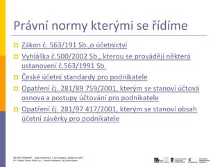 Právní normy kterými se řídíme
       Zákon č. 563/191 Sb.,o účetnictví
       Vyhláška č.500/2002 Sb., kterou se provádějí některá
        ustanovení č.563/1991 Sb.
       České účetní standardy pro podnikatele
       Opatření čj. 281/89 759/2001, kterým se stanoví účtová
        osnova a postupy účtování pro podnikatele
       Opatření čj. 281/97 417/2001, kterým se stanoví obsah
        účetní závěrky pro podnikatele



JAK ZAČÍT PODNIKAT - Daně a účetnictví, 2. kurz projektu „Začátek ve svém“
P3 – People, Planet, Profit o.p.s., Jarmila Prokopová, Ing. Kamil Hýbner
 