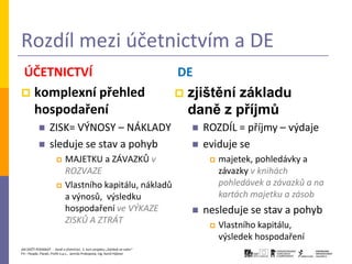 Rozdíl mezi účetnictvím a DE
ÚČETNICTVÍ                                                                   DE
 komplexní přehled                                                             zjištění základu
  hospodaření                                                                    daně z příjmů
                  ZISK= VÝNOSY – NÁKLADY                                           ROZDÍL = příjmy – výdaje
                  sleduje se stav a pohyb                                          eviduje se
                            MAJETKU a ZÁVAZKŮ v                                         majetek, pohledávky a
                             ROZVAZE                                                      závazky v knihách
                            Vlastního kapitálu, nákladů                                  pohledávek a závazků a na
                             a výnosů, výsledku                                           kartách majetku a zásob
                             hospodaření ve VÝKAZE                                  nesleduje se stav a pohyb
                             ZISKŮ A ZTRÁT
                                                                                         Vlastního kapitálu,
                                                                                          výsledek hospodaření
JAK ZAČÍT PODNIKAT - Daně a účetnictví, 2. kurz projektu „Začátek ve svém“
P3 – People, Planet, Profit o.p.s., Jarmila Prokopová, Ing. Kamil Hýbner
 
