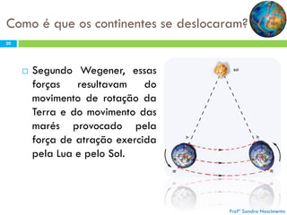 Como é que os continentes se deslocaram?
20



Segundo Wegener, essas
forças resultavam do
movimento de rotação da
Terra e do movimento das
marés provocado pela
força de atração exercida
pela Lua e pelo Sol.

Profª Sandra Nascimento

 