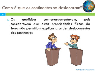 Como é que os continentes se deslocaram?
21



Os
geofísicos
contra-argumentavam,
pois
consideravam que estas propriedades físicas da
Terra não permitiam explicar grandes deslocamentos
dos continentes.

Profª Sandra Nascimento

 